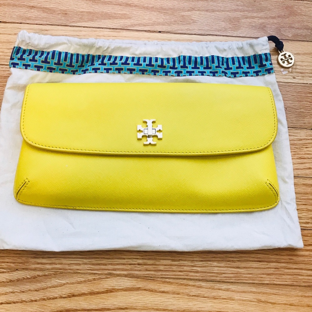 Tory Burch Yellow Leather Clutch with Gold Logo